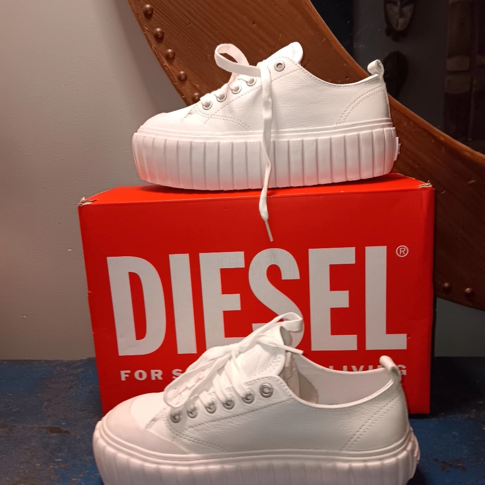 Diesel White Leather Sneakers with Chunky Platform Sole - Picture 3 of 5